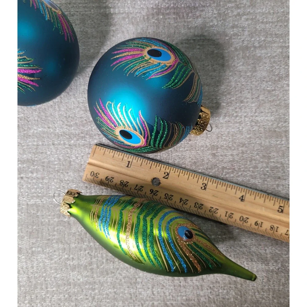4pc Peacock Feather Glass Christmas Ornaments Teal Blue Green Glitter Set